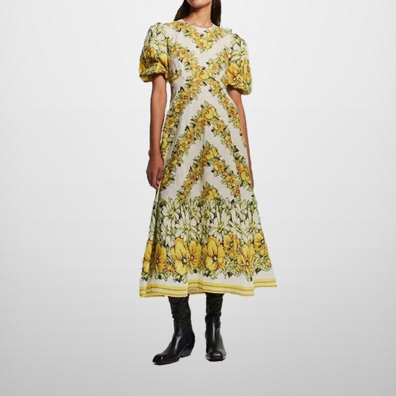 New Spring Style Stylish and Elegant Retro Print Temperament Round Neck Puff Sleeves High Waist Slim Long Dress 3XL