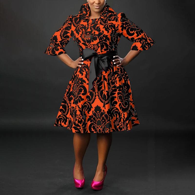 Women Plus Size Shirt Collar Short Sleeve Printed Tie-Dresses 5XL orange