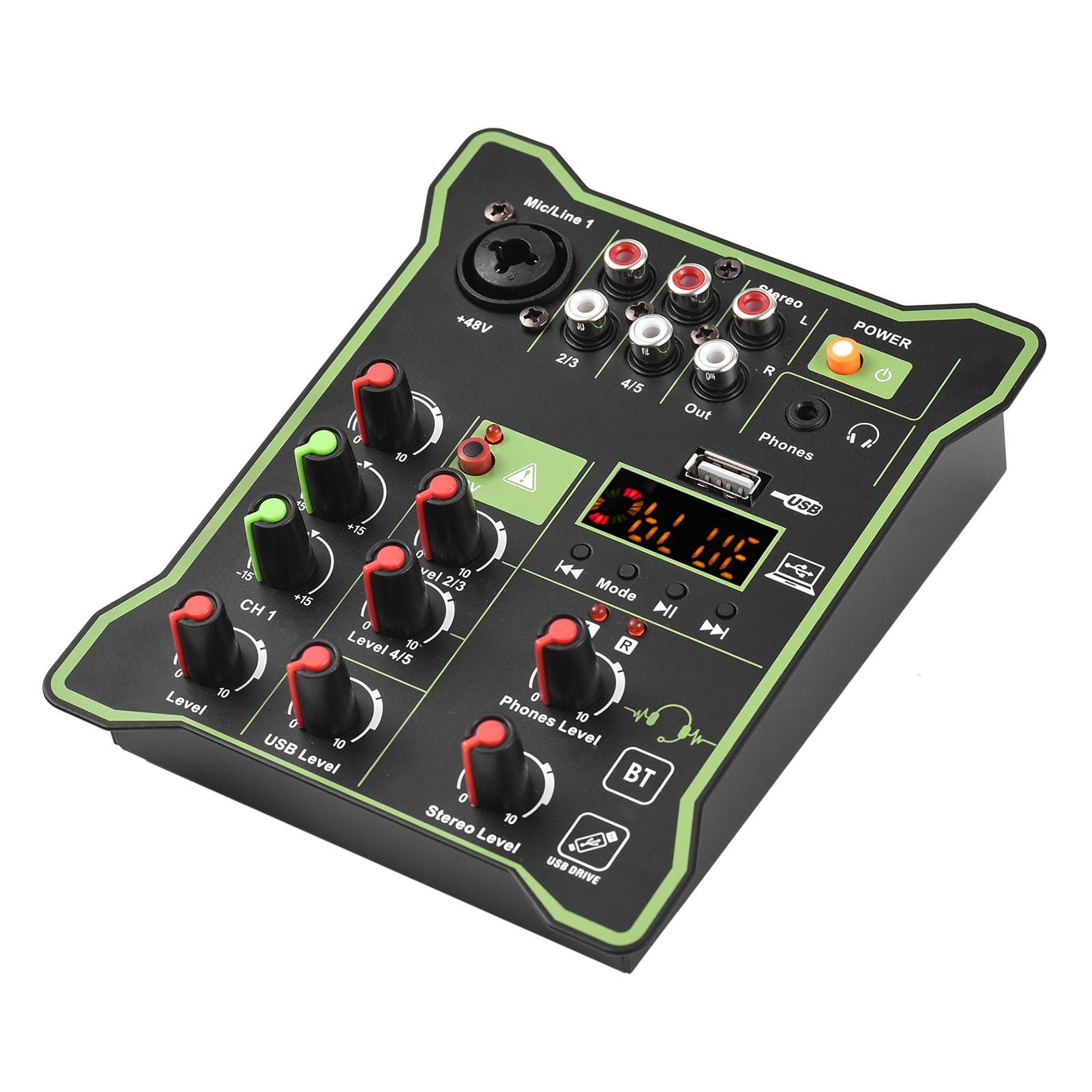 5-Channel Compact Audio Mixer Sound Mixing Console 48V Phantom Power USB Audio Interface LED