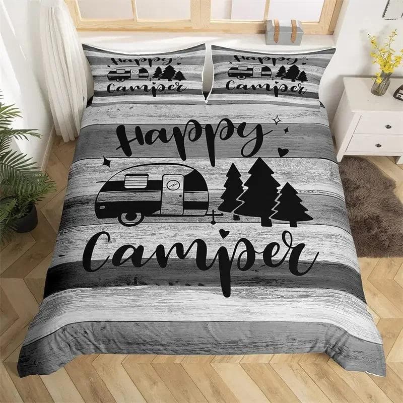 Happy Camping Duvet Cover Queen Cartoon Caravan Camping Bedding Set Farmhouse Style 3D Camper Comforter Cover With Pillowcases 200x230cm 3pcs