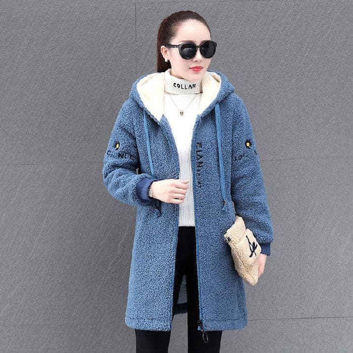 Lamb Fleece Sweater Jacket Winter Plus Velvet Thickened Women's Clothing Casual Loose Fashion Mid-length Warm Jacket XXXL blue