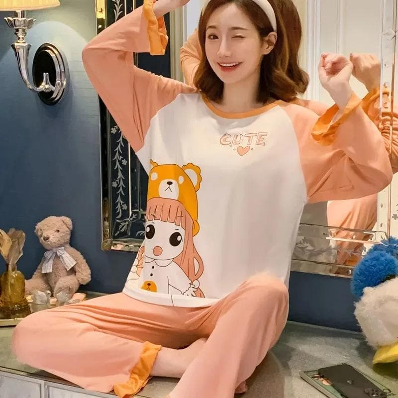 Pajamas Women's Spring Fall and Winter New Long-Sleeved Long Pants Simple Loose Round Neck Home Wear Large Size Suit Sleepwear M