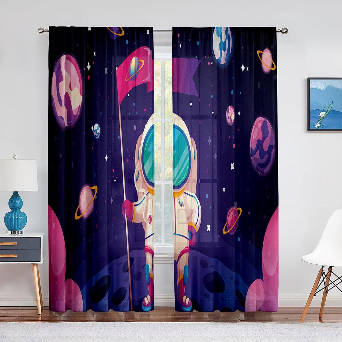 Cartoon Outer Space Astronaut Planet Sheer Voile Curtains for Living Room Bedroom Kitchen Decor Chiffon Tulle Window Curtains 1 PCS W100XH250cm&Grommet Top
