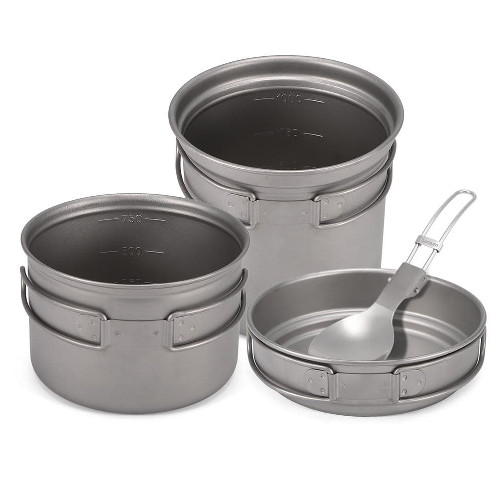 Camping Titanium Cookware Set 1000ml 750ml Pot Pan Spoon Set for Outdoor Camping Hiking Backpacking Three-piece