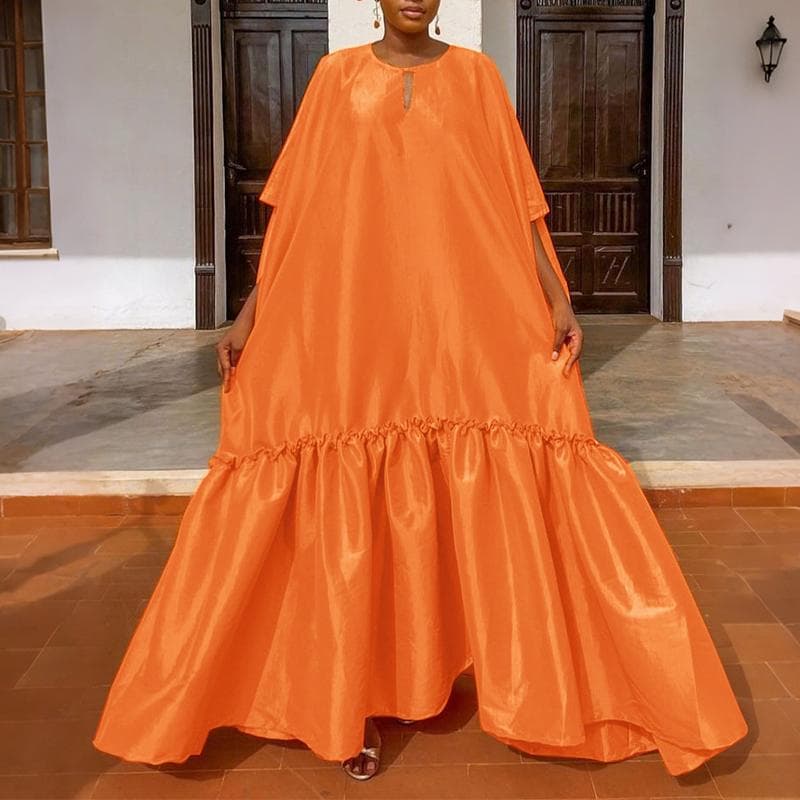 Plus Size Women O Neck Batwing Sleeve Ruffled Loose Party Maxi Long Dress 4XL orange
