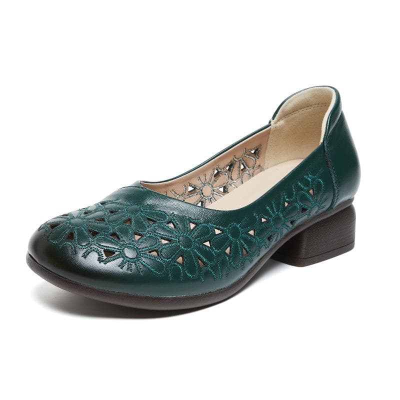 Summer Vintage Women Pumps Comfortable Genuine Leather Hollow High Heel Shoes Women Round Toe Casual Mid Heel Mom Shoes Female 40
