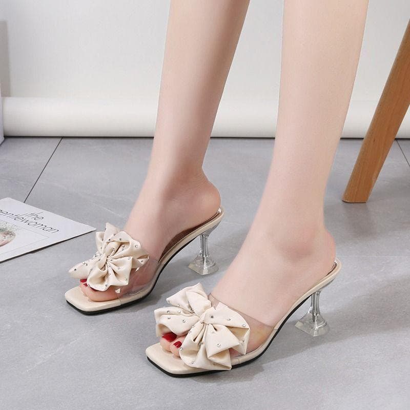 Fashion Summer Plus Size One-line Solid Color Bow Flat Sandals Outdoor Beach Slippers Elegant Women Shoes 40 beige