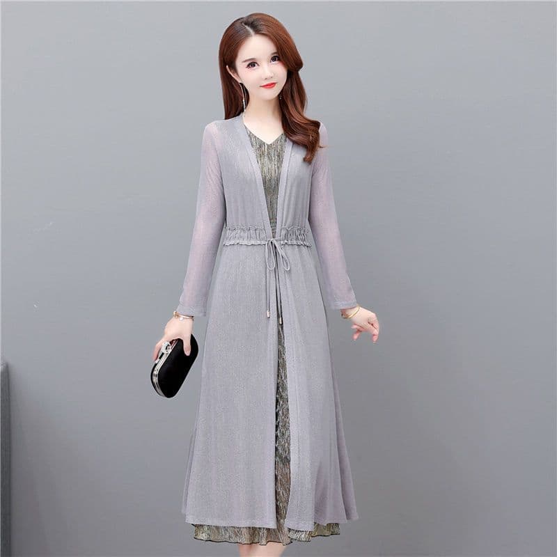 Summer Long Over The Knee Cardigan Women's Plus Size Long Sleeved Solid Color Sunscreen Jacket Slim Lace Waistband Cardigan 6XL gray