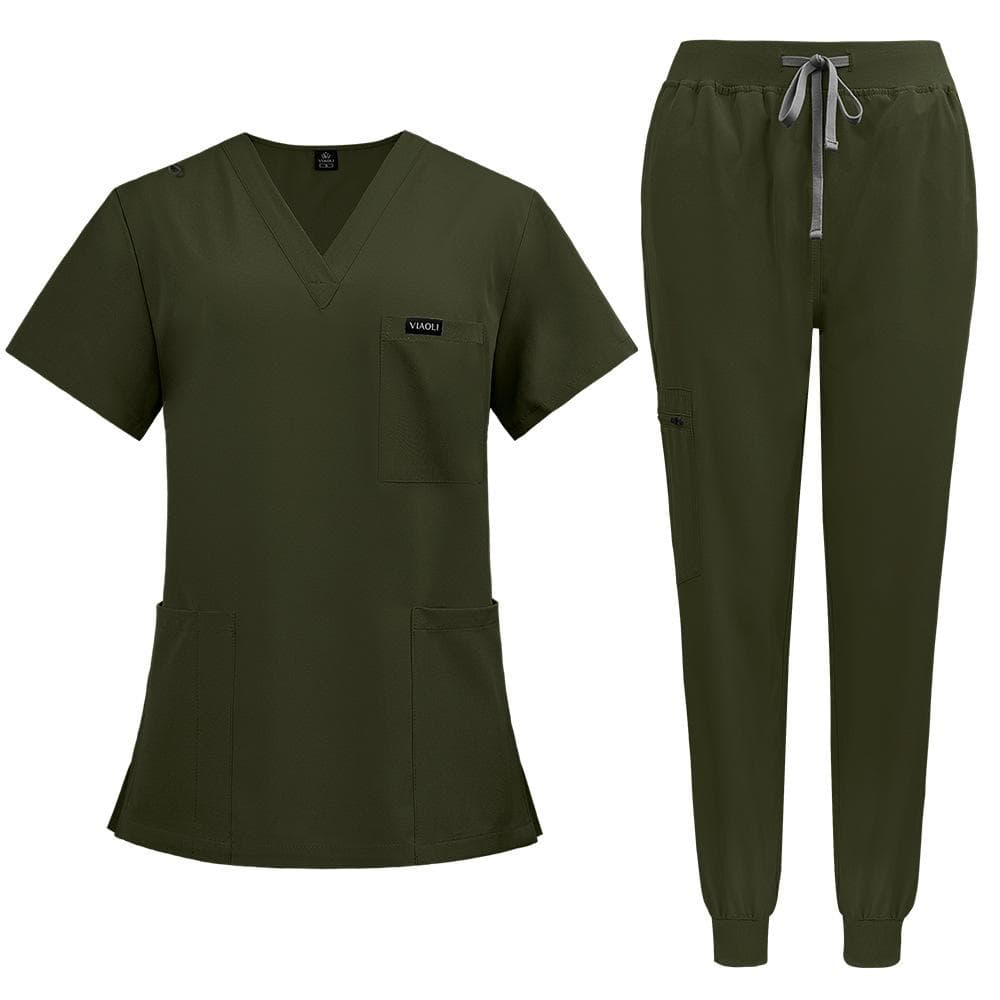 Scrubs for Women Set Jogger Pants Henley Two Piece Tops and Pants V Neck Stretchy Nurse Working Uniform with Pocket XXL army green