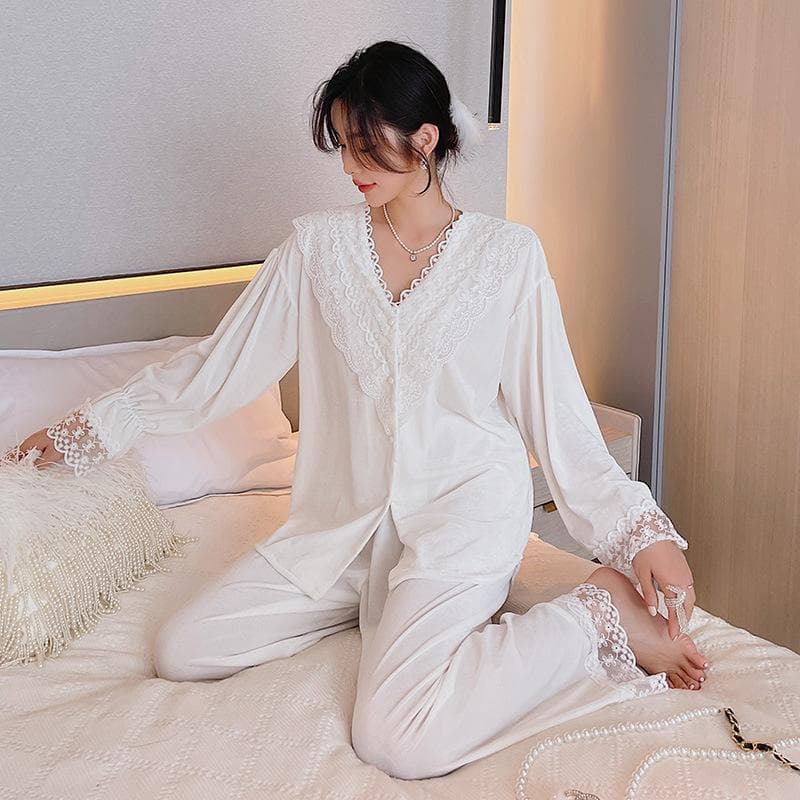 Sweet Lace Trim Pajamas for Women New Autumn Winter Long Sleeve Trouser Suits Pyjama Pour Femme Loose Casual Home Clothes Set XL white