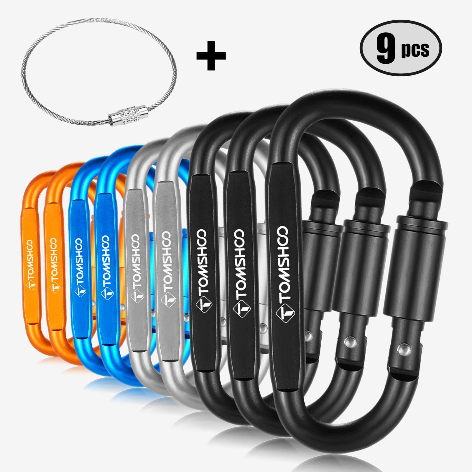 TOMSHOO 9 Pack Aluminum Alloy D-ring Locking Carabiner Clip Set Screw Lock Hanging Hook Buckle Keychain with Steel Wire Ring multicolour