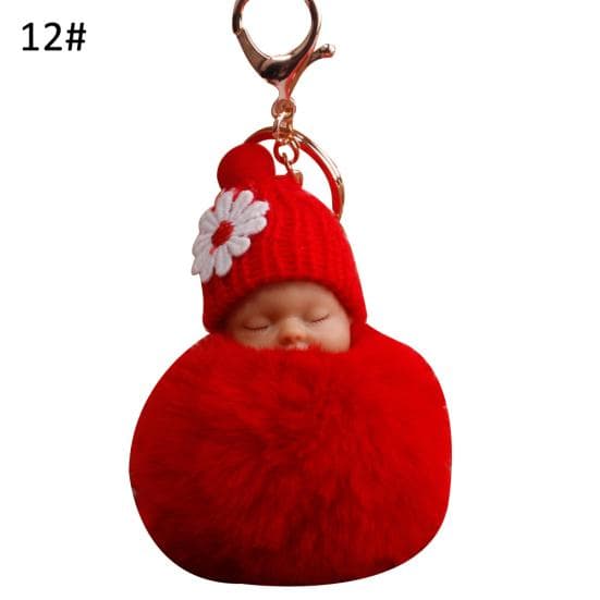 VANA Shop Cute Sleeping Baby Fluffy Pompom Plush Doll Hanging Pendant Key Ring Keychain one size red