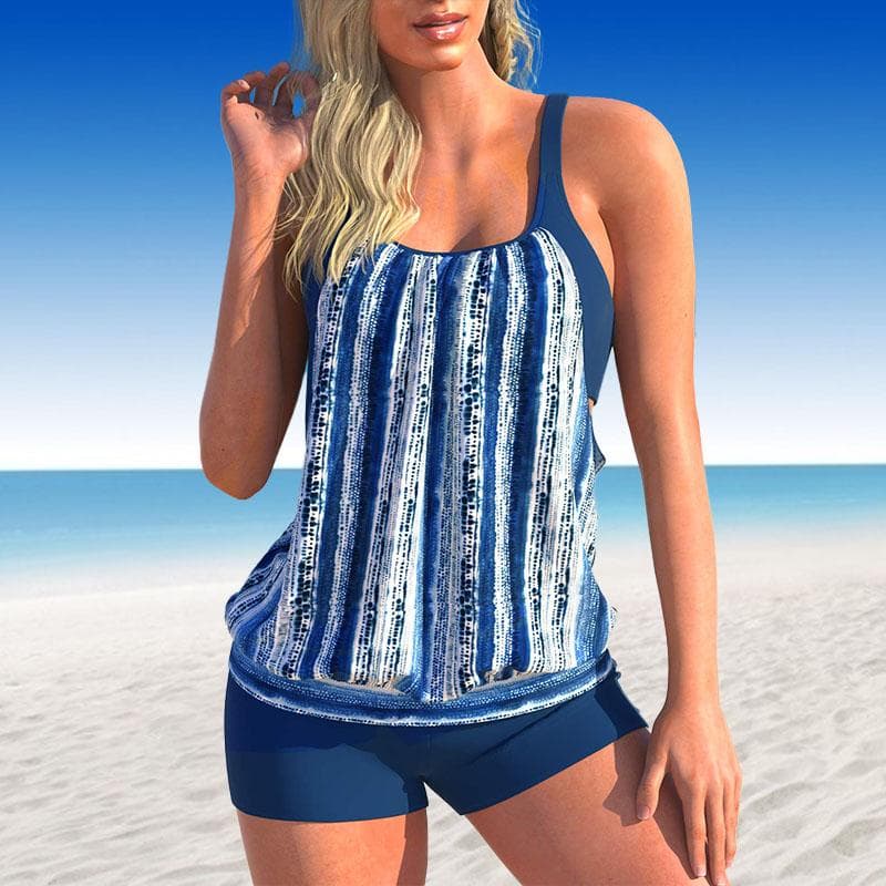 Women's Swimwear Tankini 2 Piece Swimsuit Dark Blue Granular Stripes Print Vacation Bathing Suits L navy blue