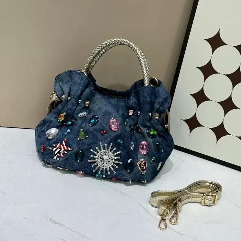 Women Denim Bags Sweet Blue Pattern High Quality Handbags with Diamond Ladies Tote Bag Messenger Bags