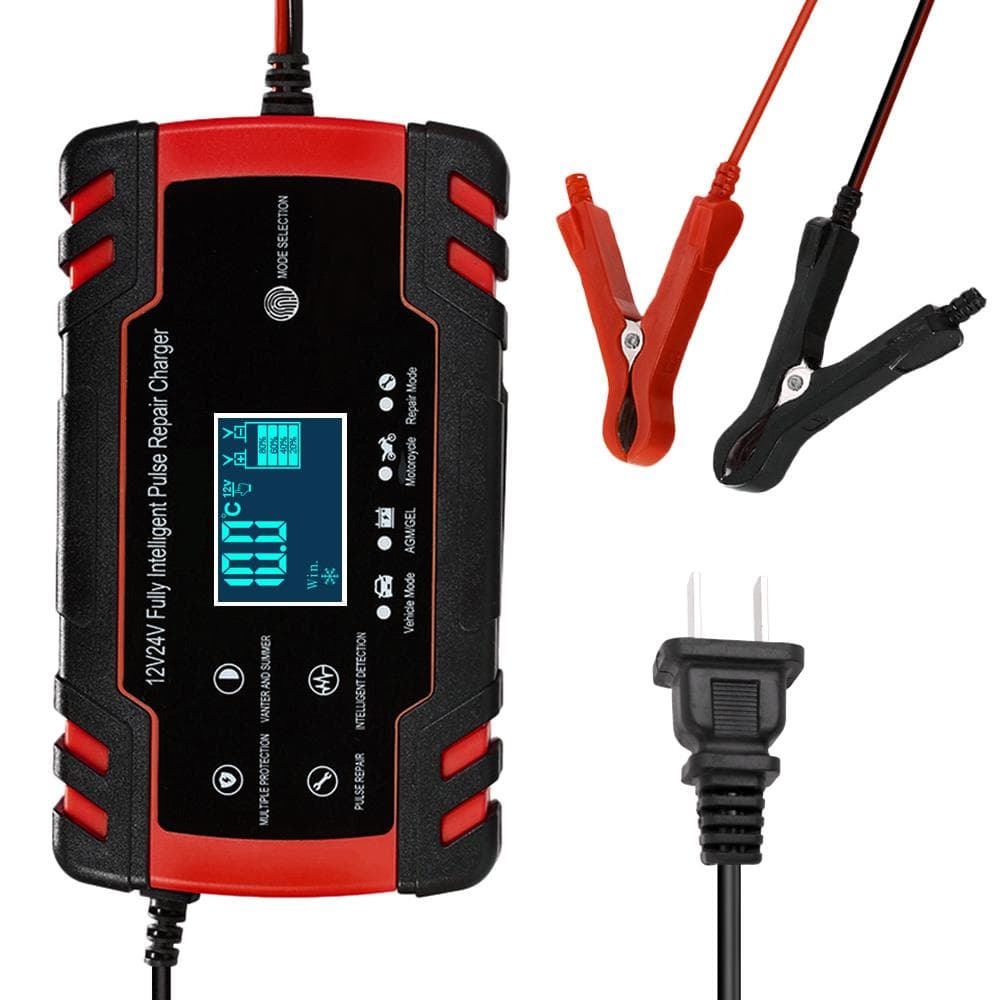 12V 24V Pulse Repairing Charger with LCD Display Motorcycle & Car Battery Charger AGM GEL WET Lead US red