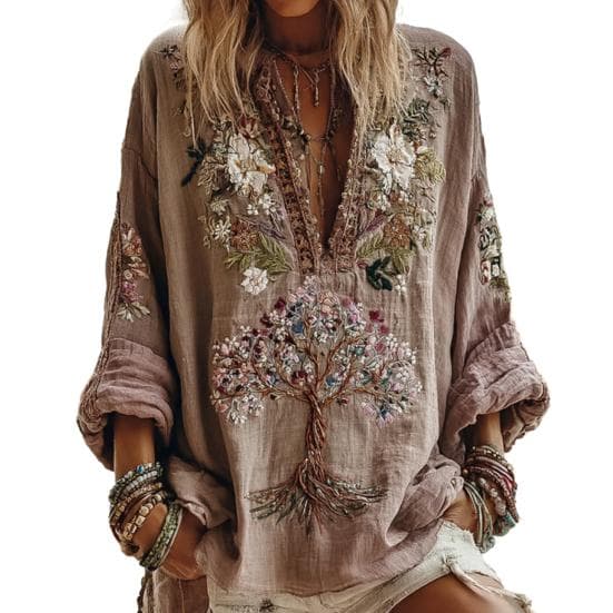 Women Shirt Oversize V-Neck Long Sleeve Casual Spring Autumn Shirt 3D Printing Pattern Breathable L