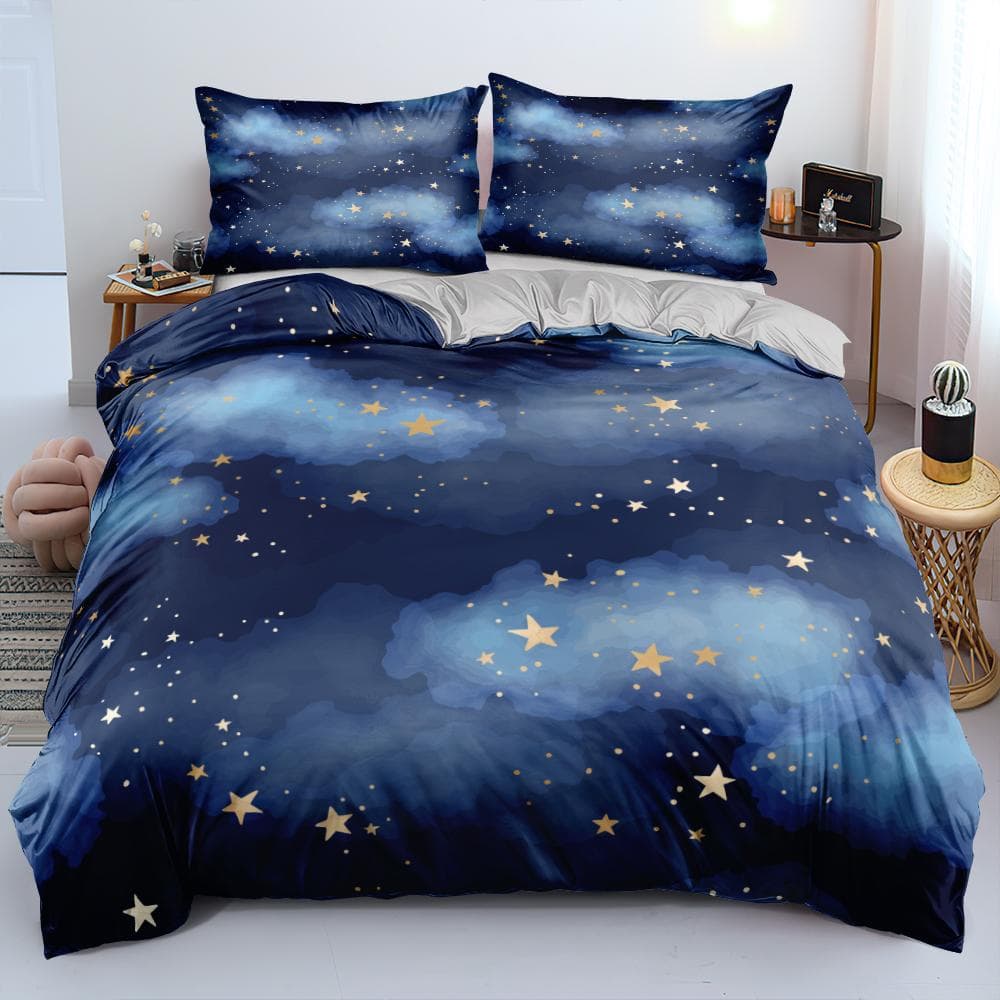 Luxury Galaxy Dark Blue Bedding Set Twin Full Queen King Size Duvet/Quilt Cover Set Shining Stars Starry Sky Comforter Cover AU Double(180x210cm)