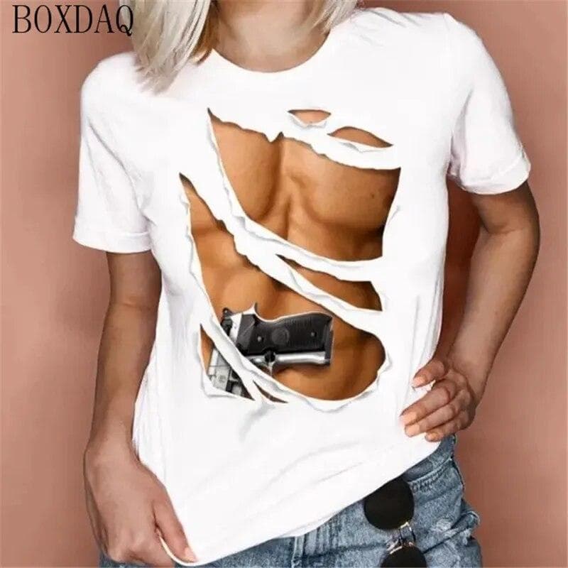 Women Summer Cool T-Shirts Sexy Perspective 3D boobs Print Short Sleeve Ladies T Shirt Summer O-Neck Breast Pattern Street Tops M