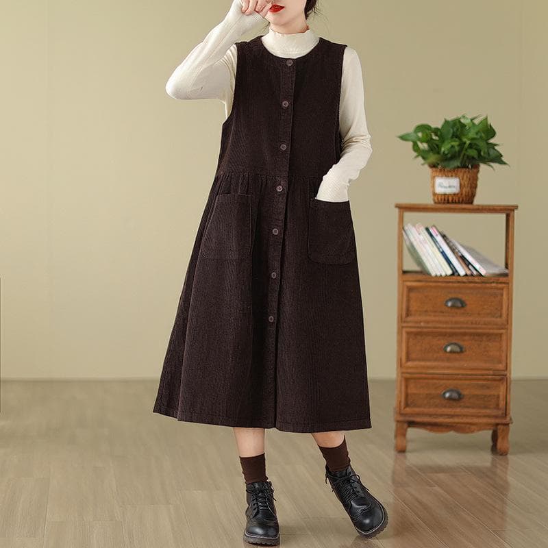 Spring Winter Women Solid Basic Sundress O-Neck Dress Sleeveless Corduroy Midi Dress L coffee