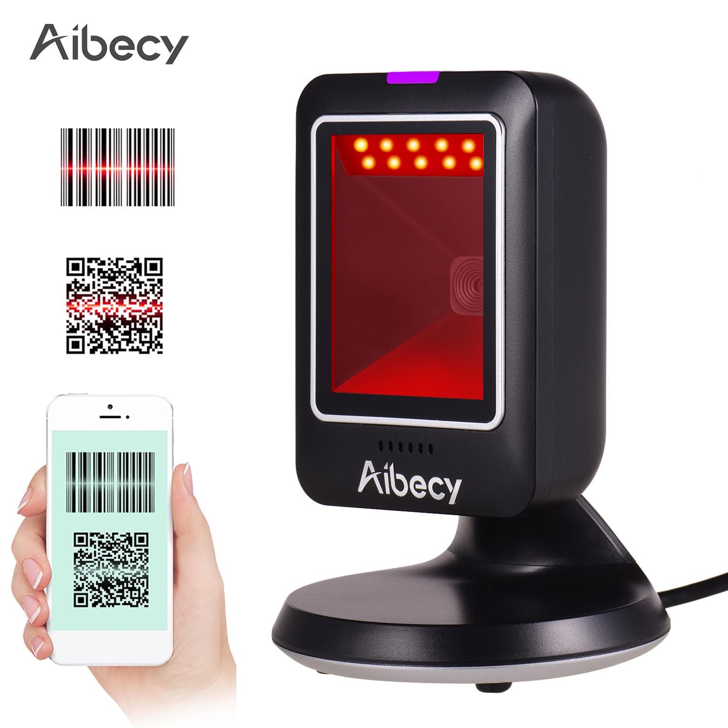 Aibecy 1D 2D QR Barcode Scanner USB Reader Desk Hand-Free For Supermarket black