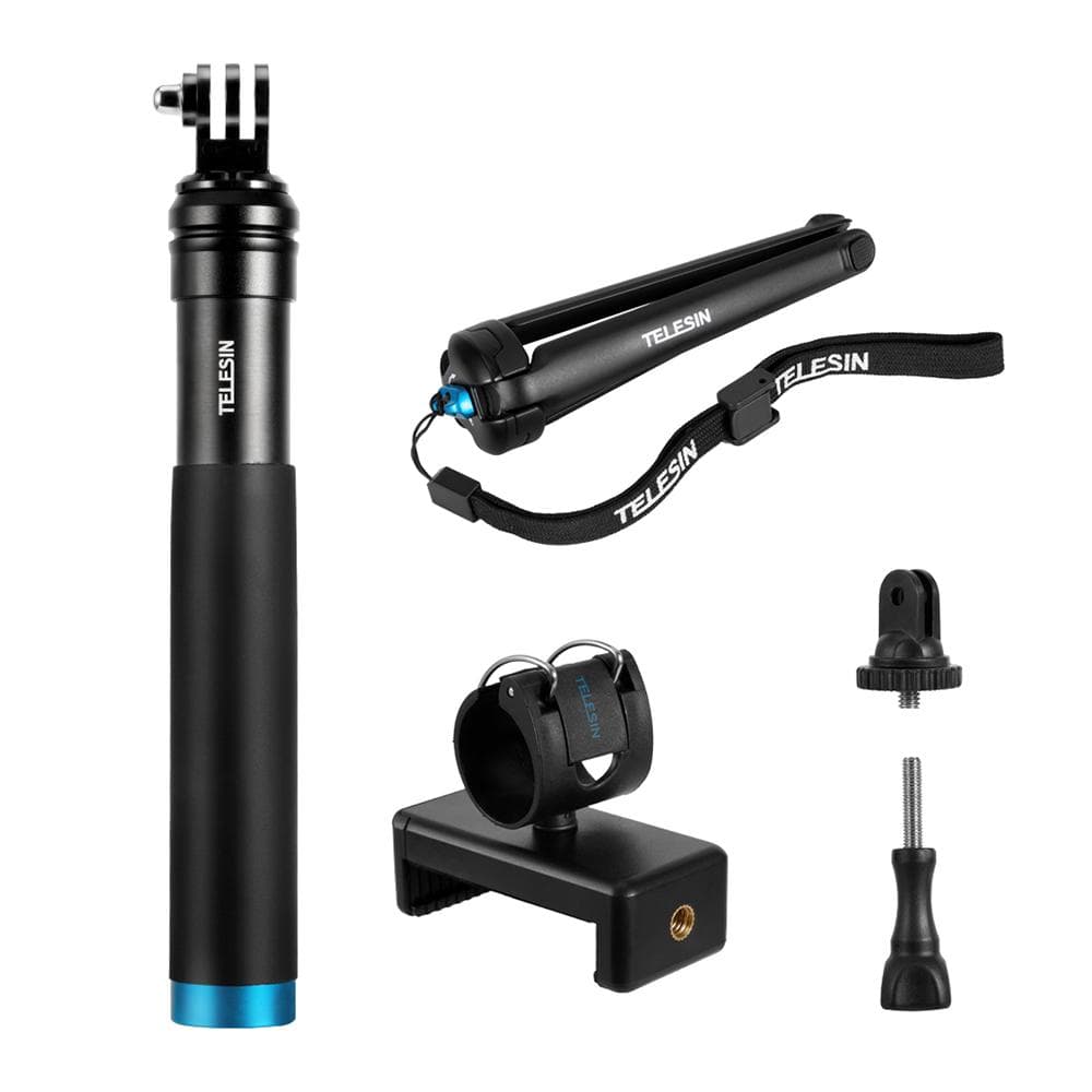 TELESIN Handheld Extendable Selfie Stick Monopod Aluminum Alloy Adjustable Pole with Tripod Cell black