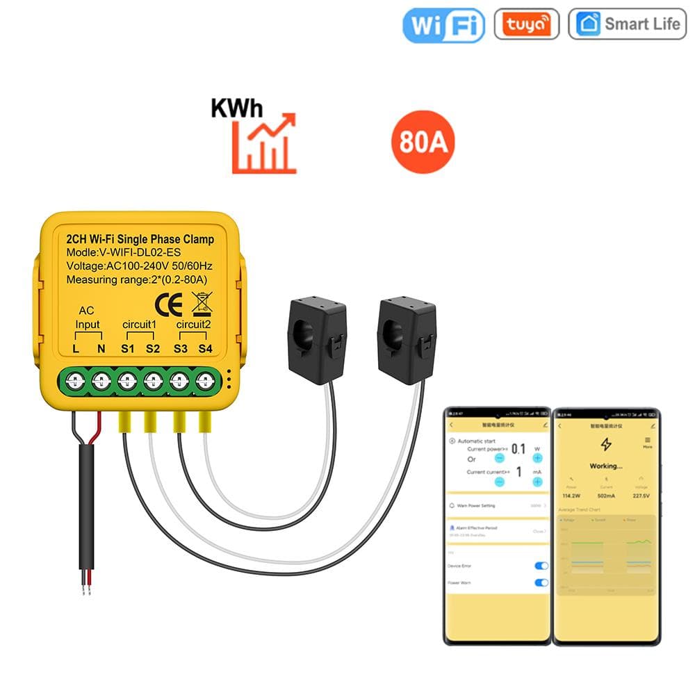 Tuya WiFi Smart Home Energy Monitor 2.4GHZ Smart Energy Meter Single Phase Consumption Monitor 80A 2 Clamp yellow