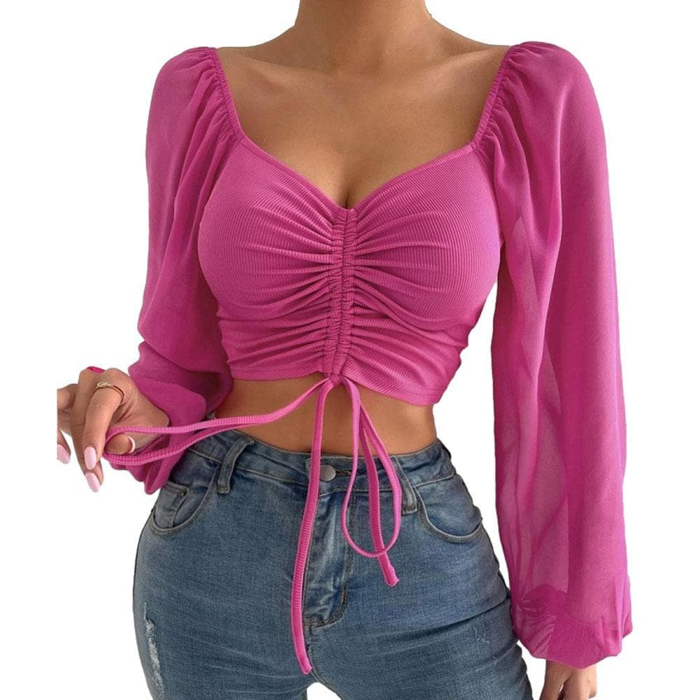 Women Tops Puff Sleeve Sexy Close-Fitting Drawstring V-neck Hot Tee Shirts S rose red