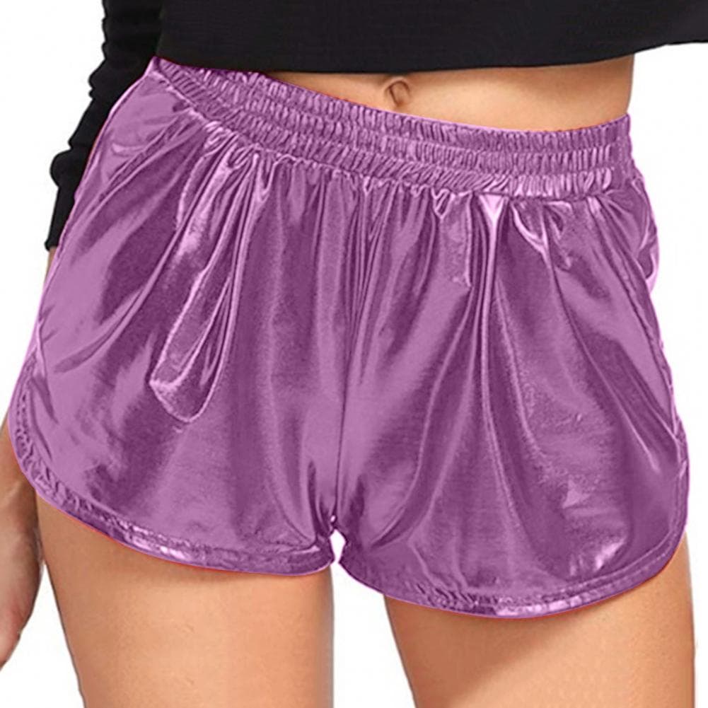 Women Casual Shorts Elastic High Waist Glossy Surface Solid Color Faux Leather Shorts with Pockets Streetwear XXL pink