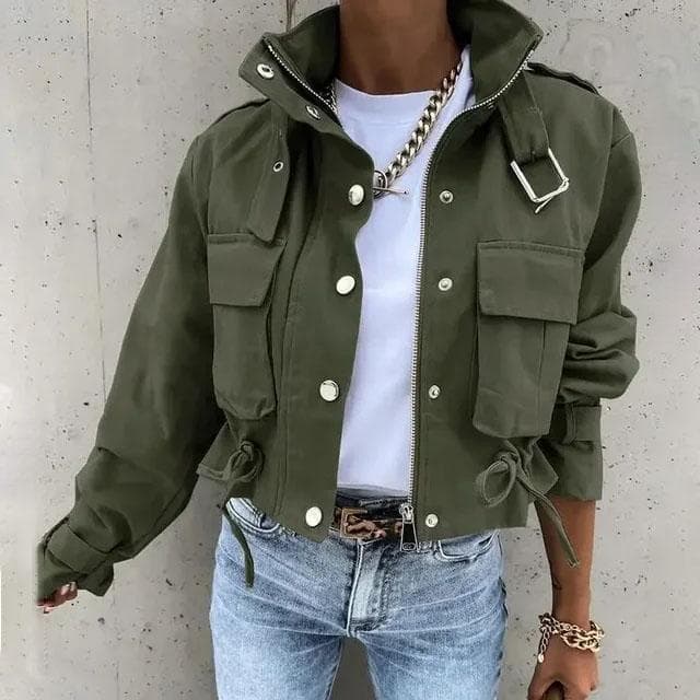 Women's Jacket Printed Workwear Long Sleeve Drawstring Coat Short Windbreaker M green