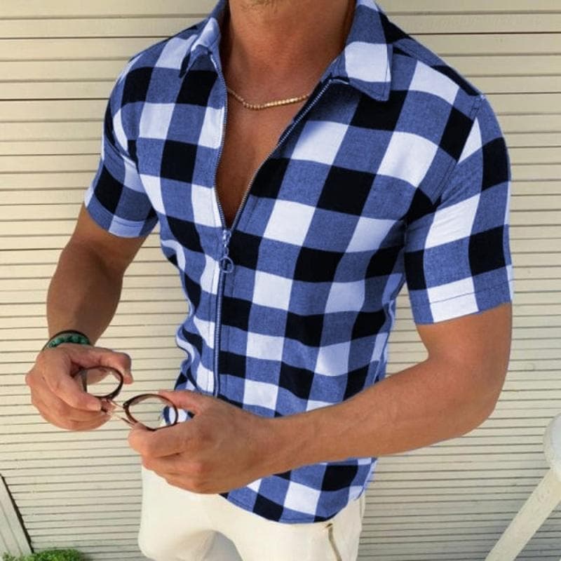Men's Summer Fashion Short-sleeved Plaid Printed Shirt with Zipper Lapel Business Casual Shirt Top XL blue