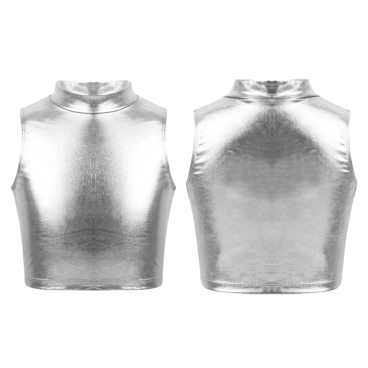 Big Girls Shiny Metallic High Turtleneck Cropped Tank Top Cami Tees for Yoga Dance Gym Sport Bra 15-16 Years silver