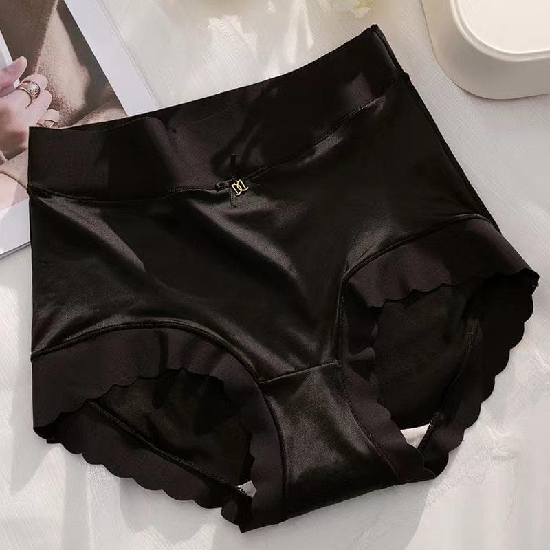Women Satin Panties High Waist Lady Briefs Pure Color Lingerie Underwear Fashion Seamless Underpants L black