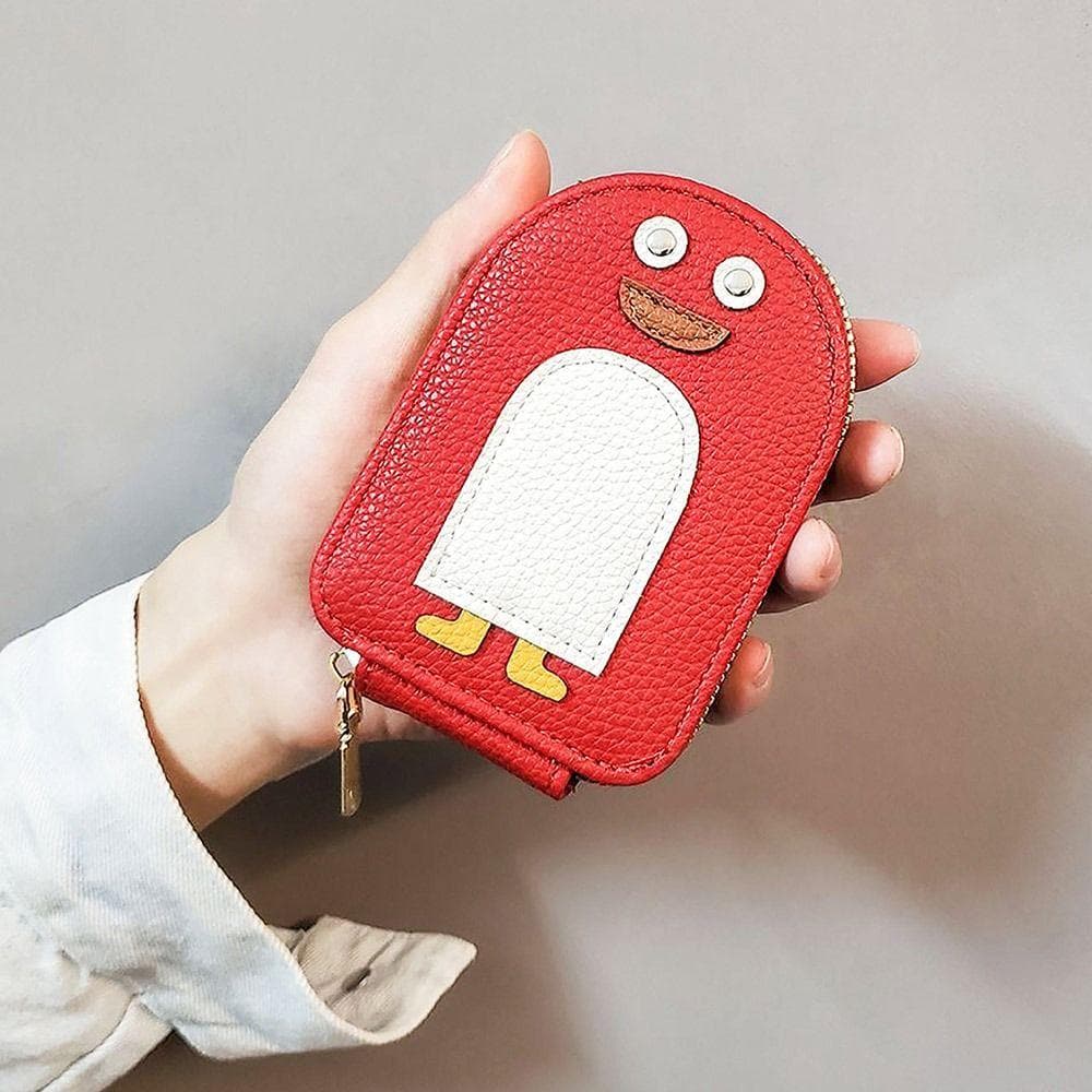 Cartoon Penguin Credit Card Holder Cute Multi-card Coin Purse Leather Business Card Holder red