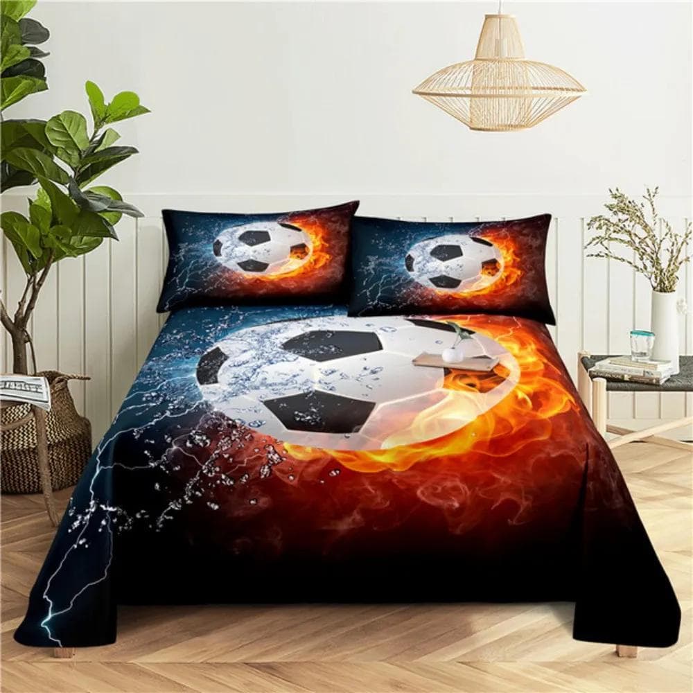 Soccer Football Bed Sheet Set Cartoon Digital Print Polyester Bed Flat Sheet and Pillowcase 2/3pcs Bedding for Boys Teens Child 110x230cm 2pcs