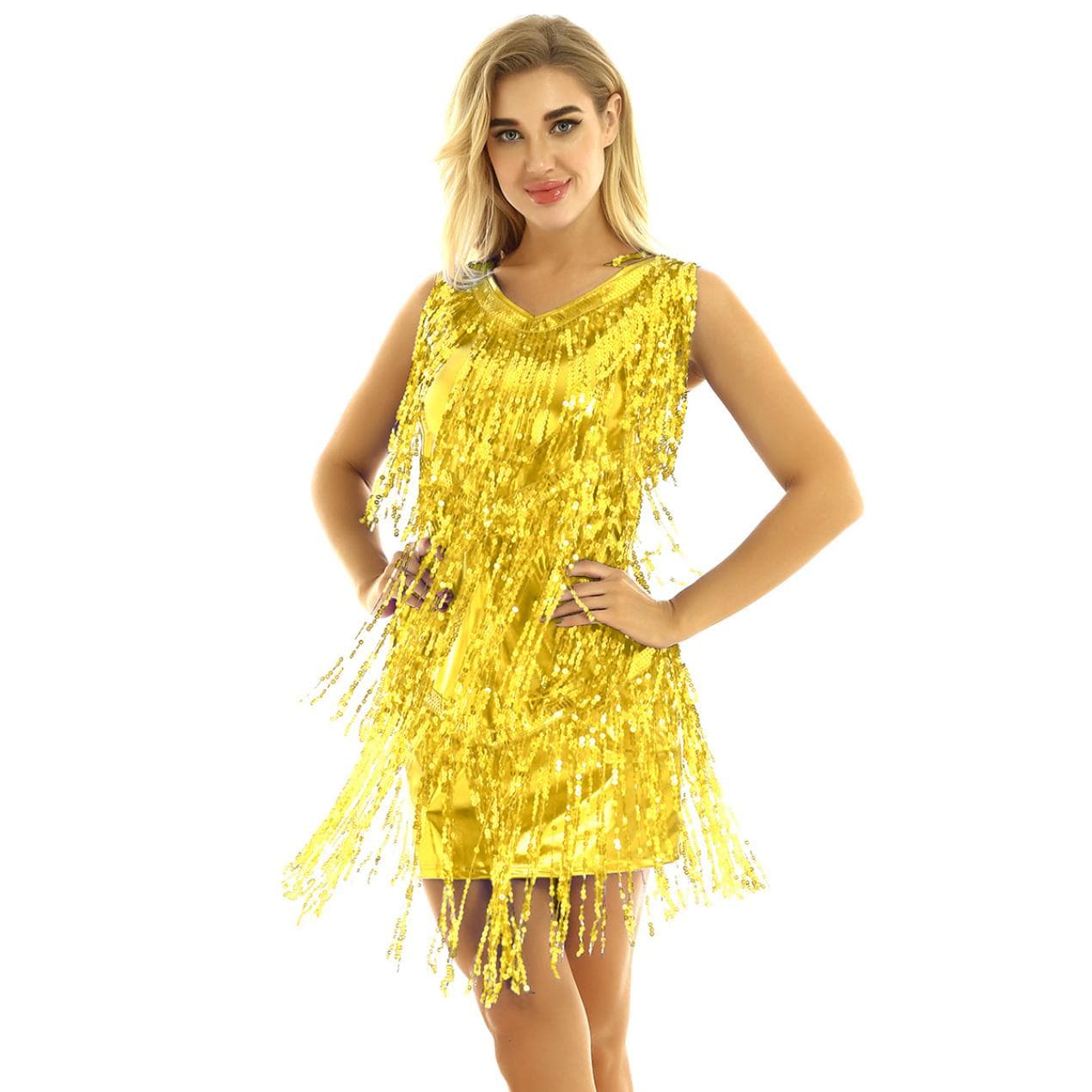 Women's Fancy Dress Dance Costume Cocktail Evening Gown Womens Clothing Summer Dresses Fringe Dresses XL gold