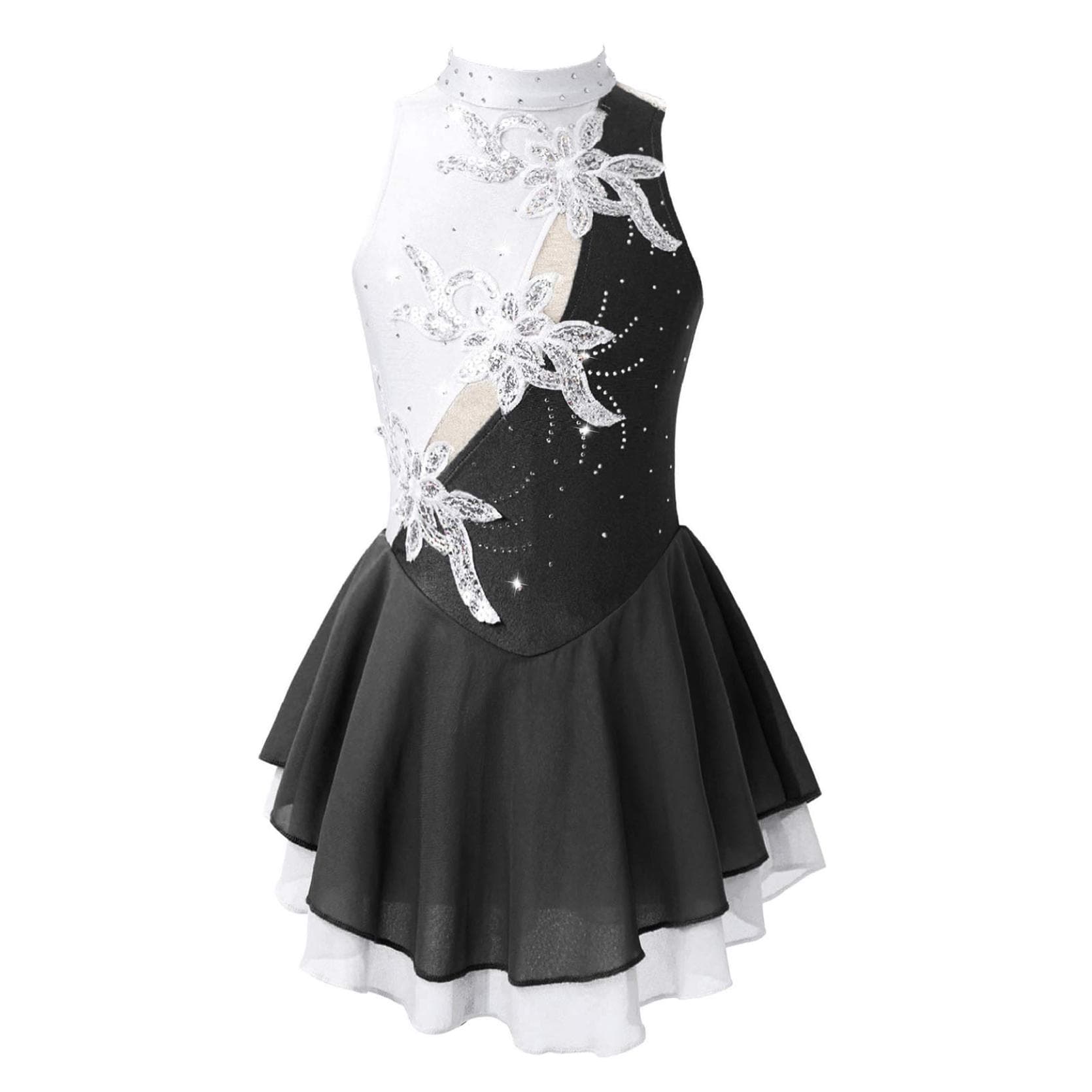 Sequin Floral Figure Ice Skating Dress Child Girls Gymnastics Leotard Ballroom Ballet Dance Costume Lyrical Performance Clothing 7-8 Years black