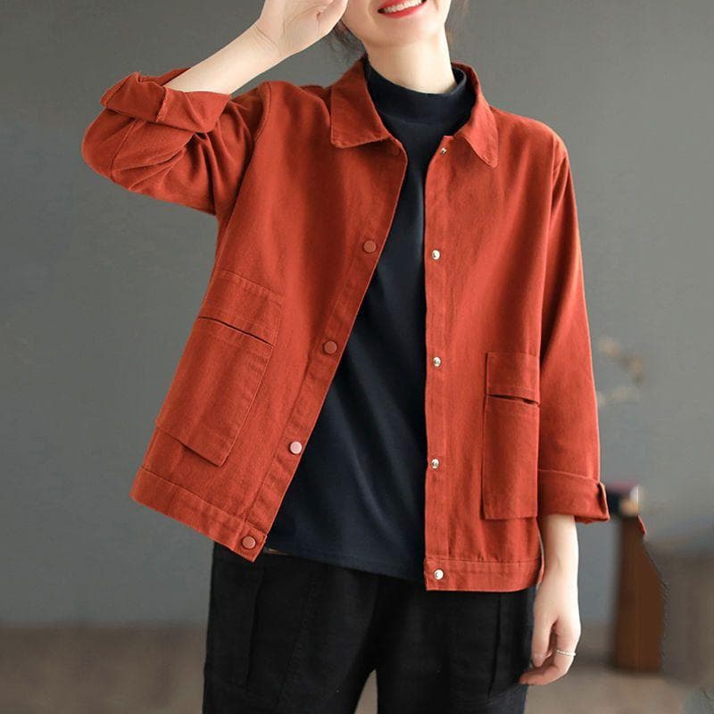 Women Casual Short Jackets Autumn Vintage Style Solid Color All-match Loose Female Cotton Outerwear Coats XL orange