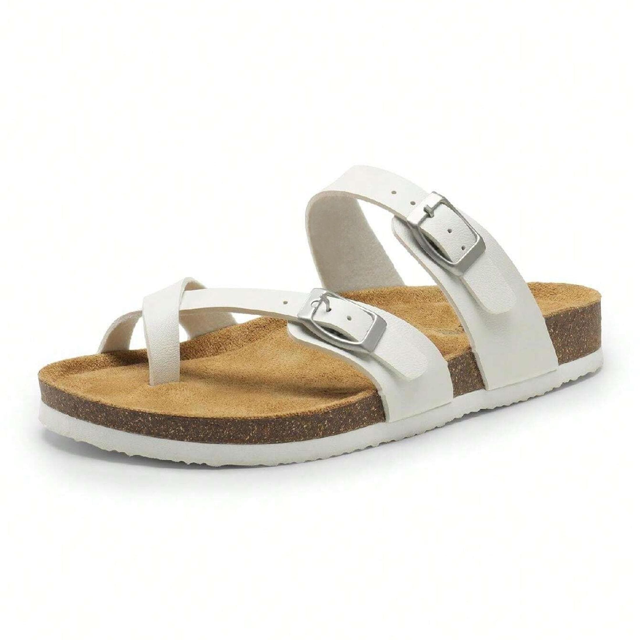 Womens Strappy Slip-On Slides Adjustable Buckle Cork Footbed Slide Sandals With Comfortable Arch Support Outdoor 42 white