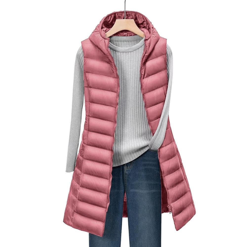 Autumn and Winter Women's Mid-length Hooded Lightweight Down Jacket Vest and Cotton Vest L pink