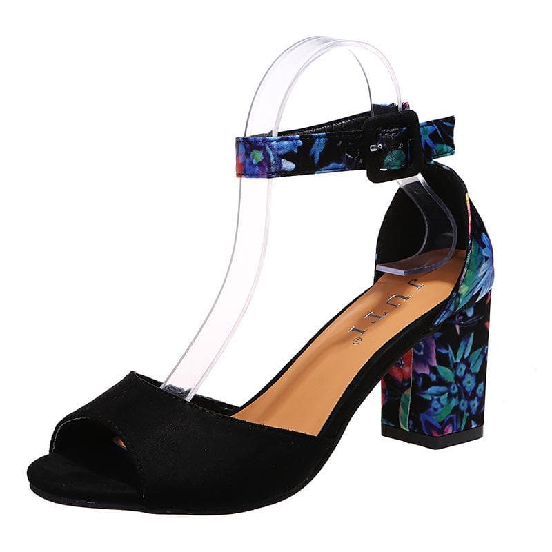 Summer Fashion Women Black Flock Flower Color High Heels Sandals Female Pumps Peep Toe Ankle Strap Platform Shoes 35 black