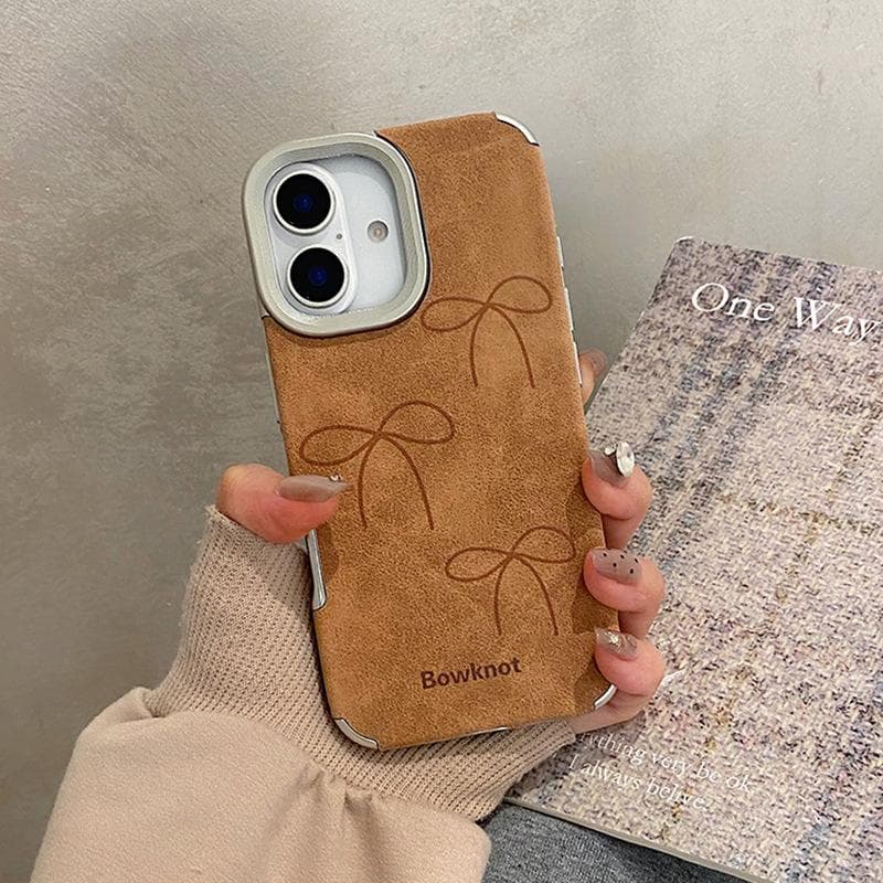 Three Bows Are Suitable for Apple 16 Promax Mobile Phone Case Iphone15 Protective Case 14 Brown Leather Pattern 13 Apple XS