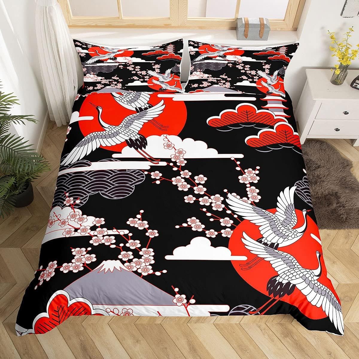 Japanese Style Bedding Set Traditional Kimono Motifs Comforter Cover Queen Size,Tokyo Duvet Cover Geisha Japan Asian Quilt Cover EU single(135x200cm)