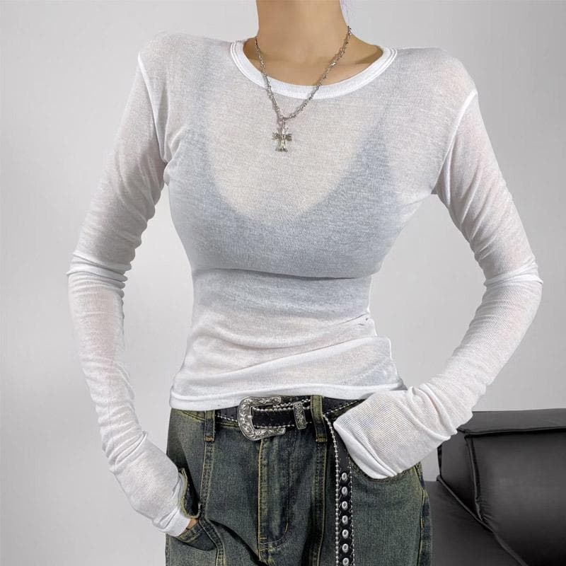 Women Crew Neck Fitted Long Sleeve Semi Sheer T-shirt S white