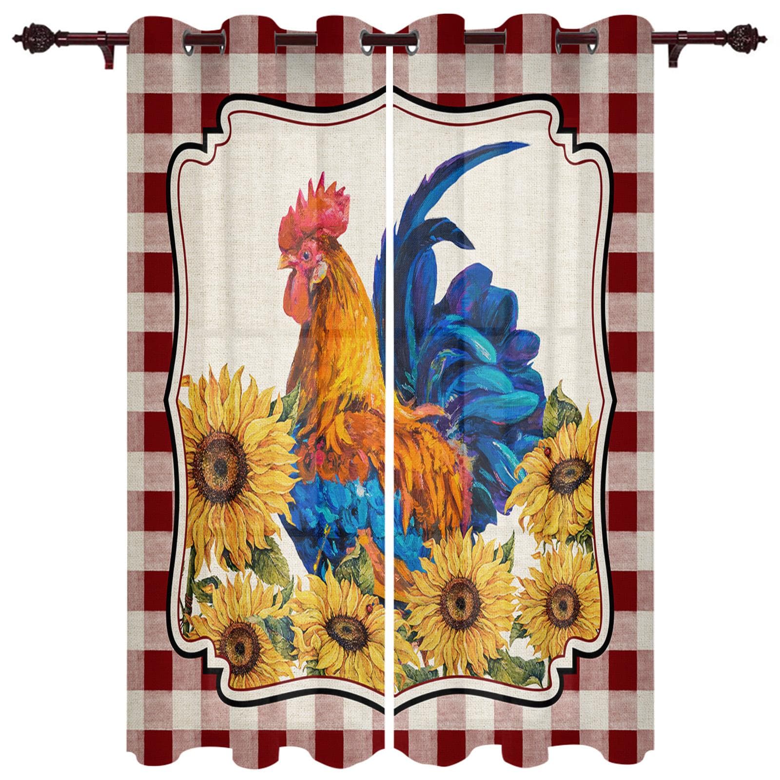 Farm Sunflower Rooster Vintage Windows Curtains Living Room Bedroom Kitchen Curtains For Children Drapes 135W x 60H(cm)