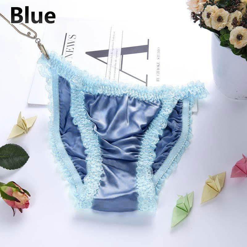 Women Underwear Soft Silk Satin Silk Panties Lingerie Lace Knickers G-String Summer Briefs L blue