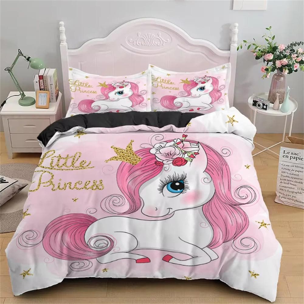Children Bedding Sets Gifts Unicorn and Colorful Horse Printing Duvet Cover Sets for Kids Girls Boys 2/3 Pcs Single Pink Quilts AU Queen 210x210cm