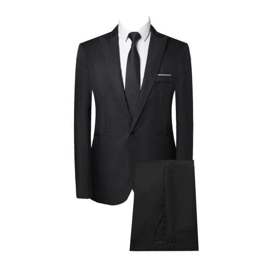 2Pcs/Set Men Solid Color Business Workwear Lapel Long Sleeve Single-breasted Blazer Slim Fit Mid-rise Long Pants Set M black