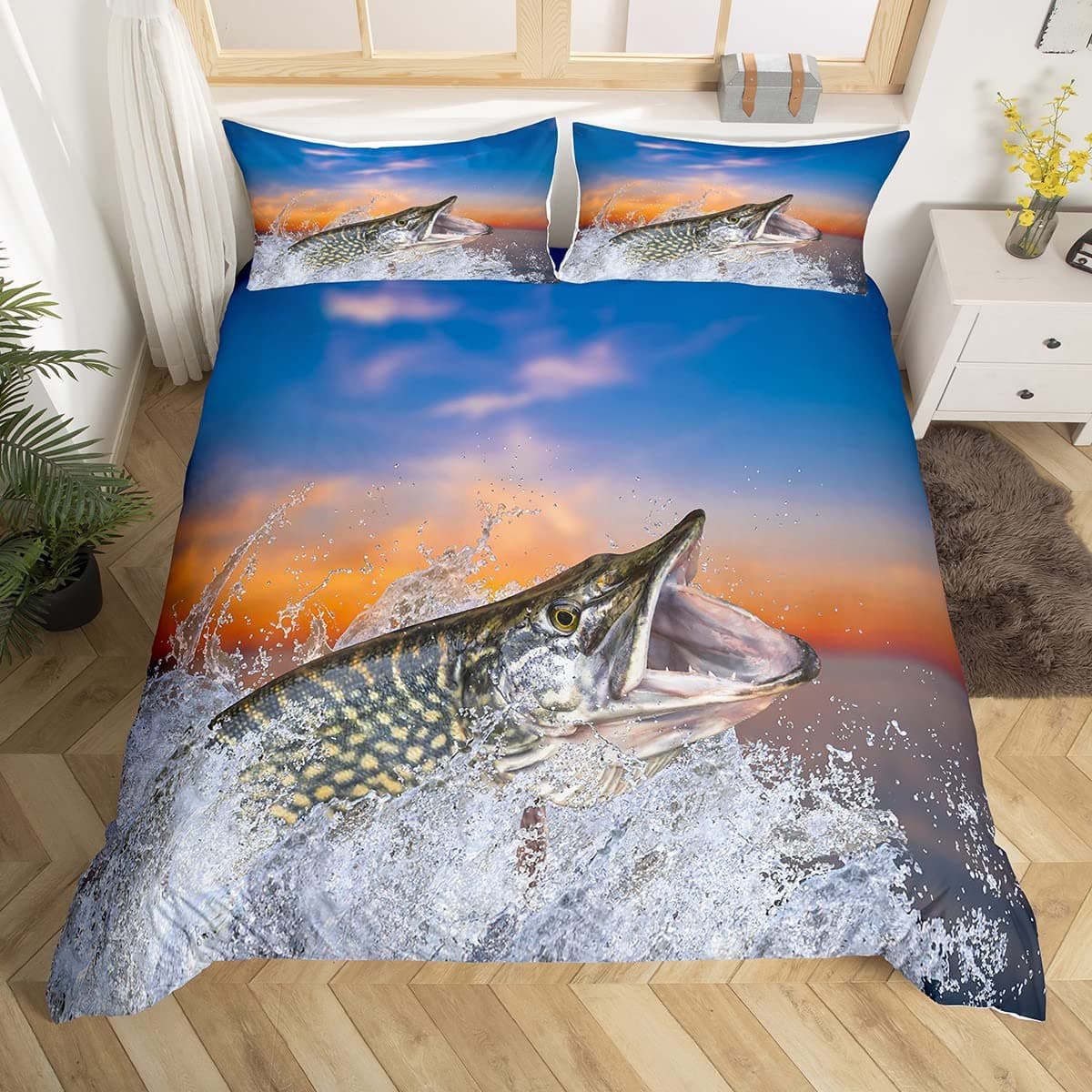 Turquoise Bass Fish King Queen Bedding Set Sea Animal Duvet Cover Hunting Theme Woodland Jungle Scene Polyester Comforter Cover 70x133cm 2pcs
