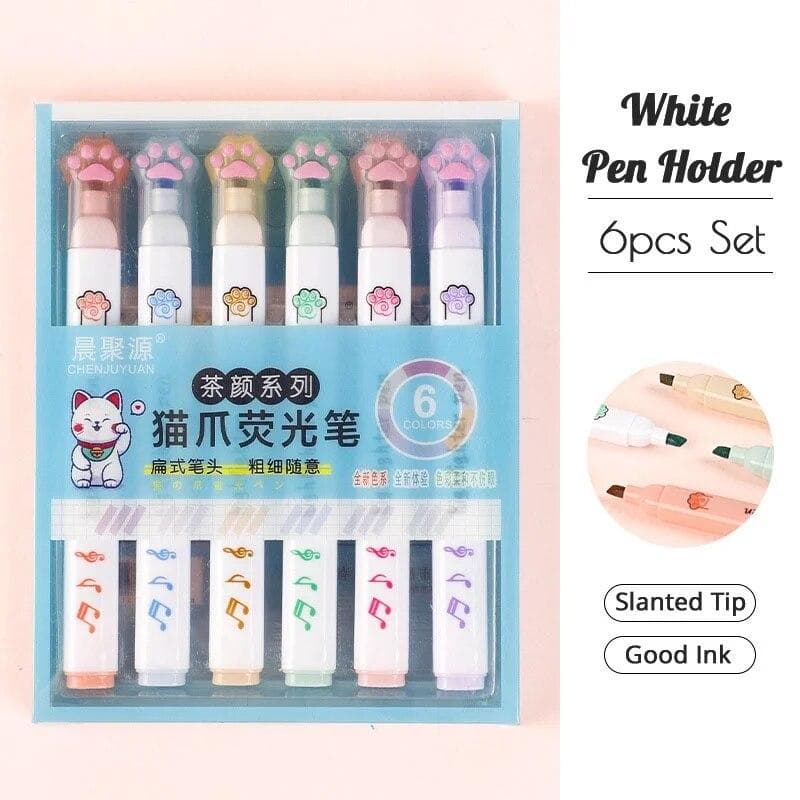 6Pcs/Set Kawaii Cat Paw Highlighter Slanted Tip Markers Liquid Ink For Student School Stationery Office Supplies