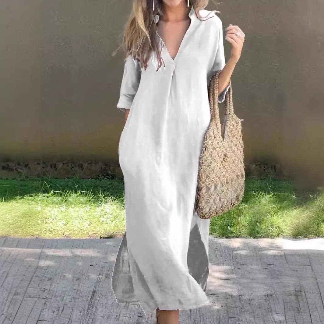 Cotton and Linen Women's Summer Slit V-neck 7-point Sleeve Pleated Dress on Both Sides S white